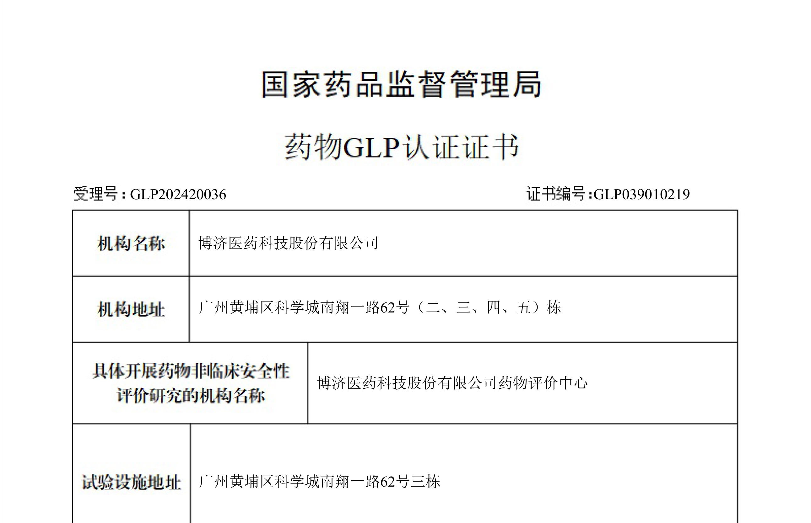 藥物GLP認(rèn)證證書(shū)